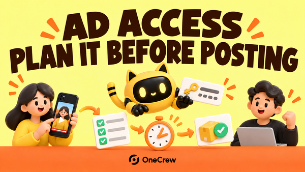 A OneCrew robot hands over an ad-access card between a creator and a brand, with a checklist and clock under “AD ACCESS — PLAN IT BEFORE POSTING”.