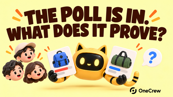 A robot holds two travel-bag poll options beside audience avatars beneath “THE POLL IS IN. WHAT DOES IT PROVE?”