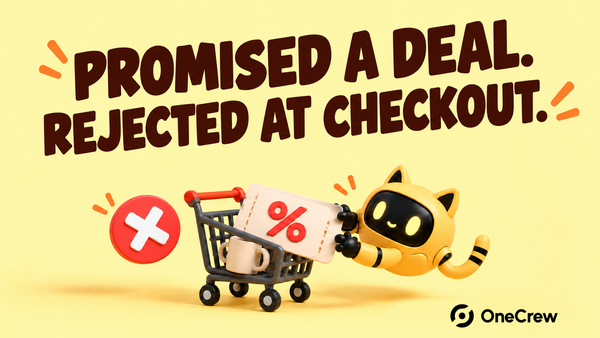 A robot holds a coupon beside a shopping cart and a rejection mark beneath “PROMISED A DEAL. REJECTED AT CHECKOUT.”