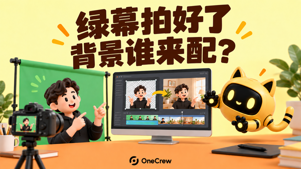 达人站在绿幕前，黄色机器人对照人物合成后的屏幕，标题为“绿幕拍好了，背景谁来配？”