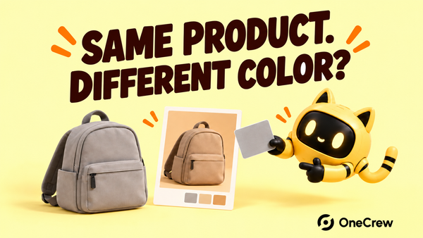 A robot holds a grey card beside a backpack and a warmer-looking photo beneath “SAME PRODUCT. DIFFERENT COLOR?”