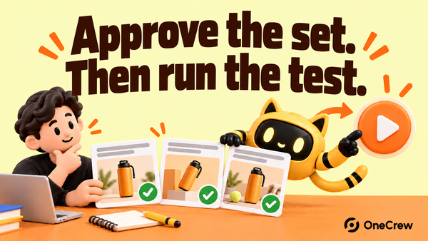 A creator and robot review three packaging options before a test beneath “Approve the set. Then run the test.”