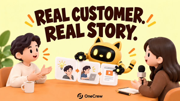A customer speaks with an interviewer as the yellow robot holds story cards under “Real customer. Real story.”