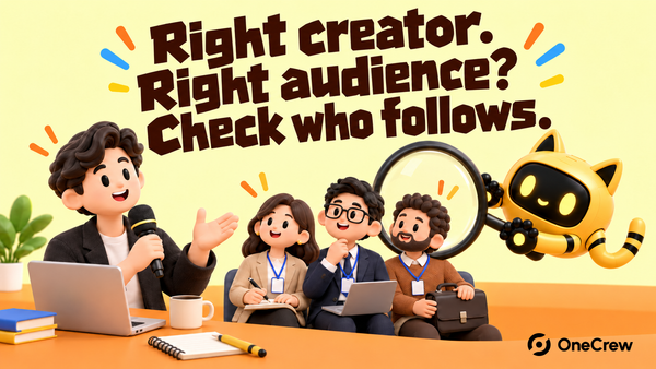 A creator holds a microphone while a robot inspects a business audience beneath “Right creator. Right audience? Check who follows.”