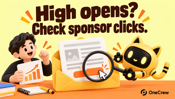 A publisher displays a rising chart while a robot checks a newsletter link beneath “High opens? Check sponsor clicks.”