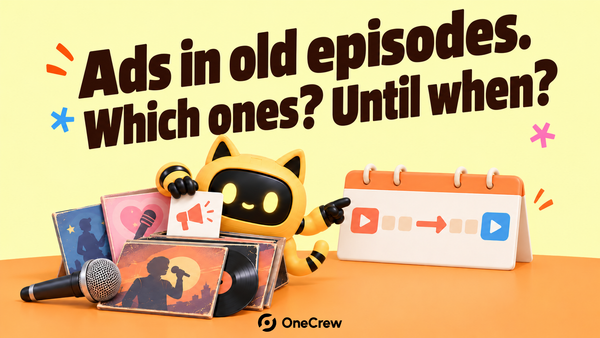 A robot places an ad card beside older podcast episodes and points to a run-date window.