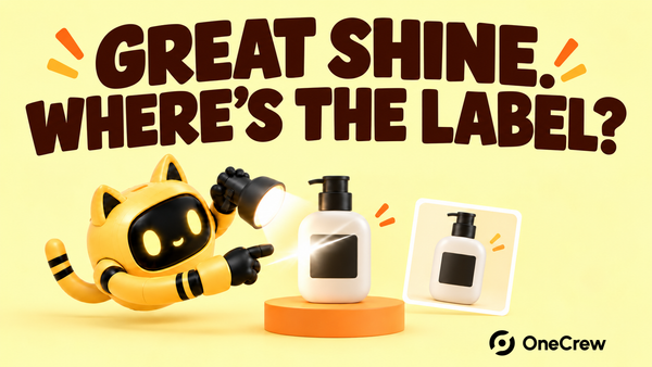 A robot checks glare across a bottle label beside a clear reference photo beneath “GREAT SHINE. WHERE’S THE LABEL?”