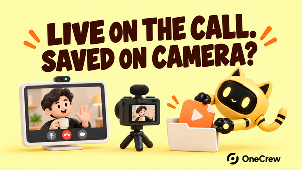 A video call, a camera recording, and a robot filing footage beneath “LIVE ON THE CALL. SAVED ON CAMERA?”