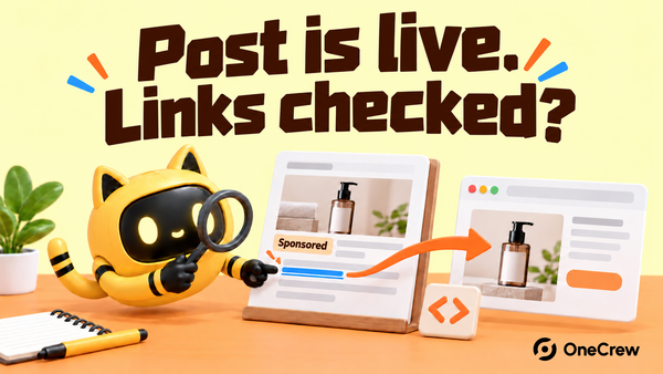 A robot checks a sponsored article’s explanation and links beneath “Post is live. Links checked?”