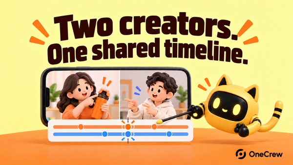 Two creators coordinate in a split screen while a robot checks a timeline beneath “Two creators. One shared timeline.”