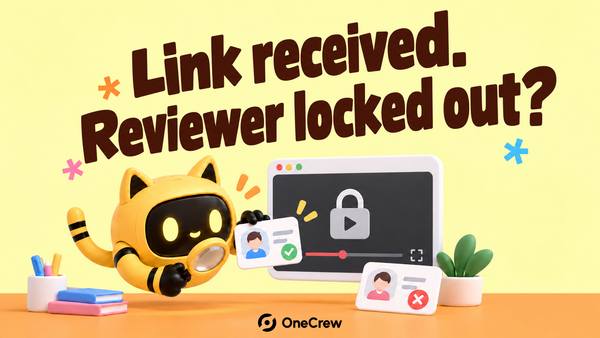 A robot checks a locked video screen and reviewer account cards, asking why the link will not open.