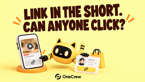 A robot compares a link in a short video with a profile link beneath “LINK IN THE SHORT. CAN ANYONE CLICK?”