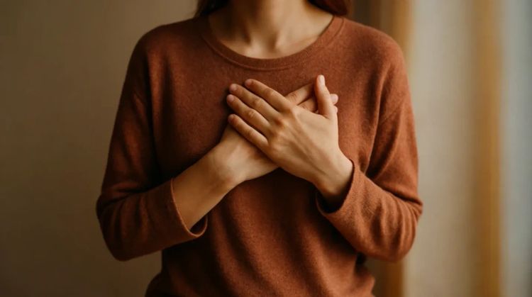 Close-up of a person gently placing both hands over their heart, wearing a rust-coloured sweater in soft natural light. Symbolises emotional nourishment and self-compassion.