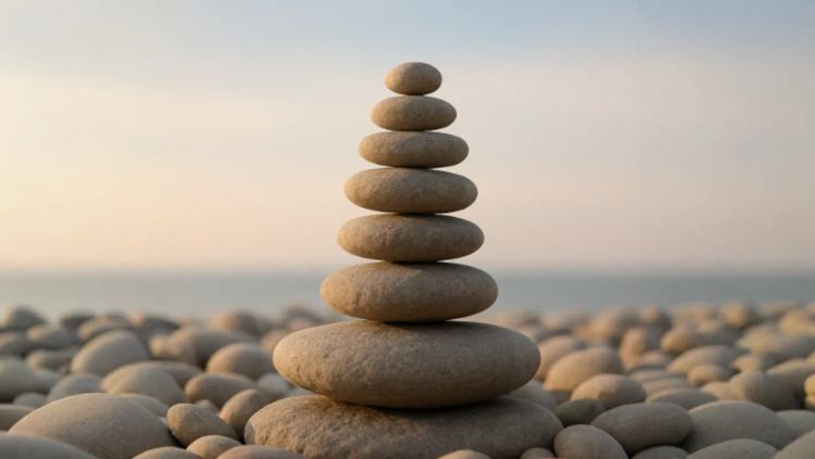 A stack of smooth, rounded stones balanced on one another, set against a softly blurred horizon with warm natural light. The image conveys tranquillity, stability, and emotional grounding.