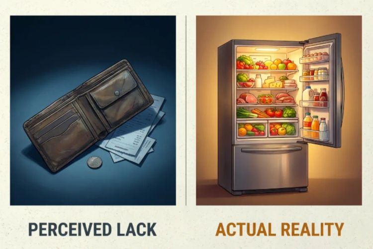 Split image: left shows a nearly empty wallet labeled “Perceived Lack,” right shows a full fridge labeled “Actual Reality,” contrasting scarcity vs abundance.