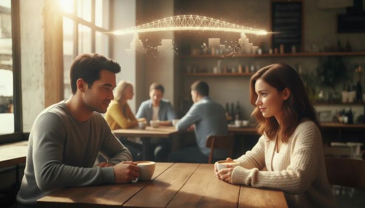 Two people sit across a café table with coffee, connected by a glowing bridge of light that symbolizes safe, empathetic human connection.