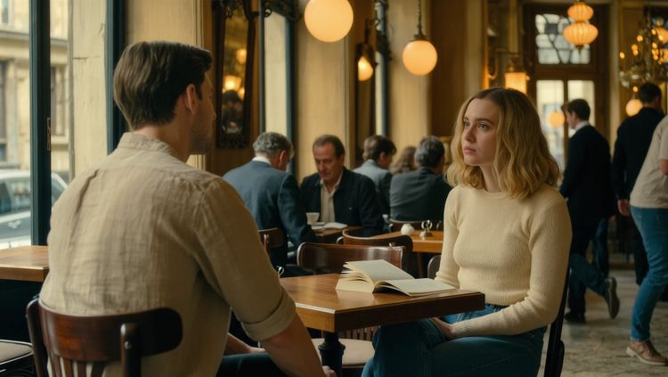 A woman sits at a table in a warm European café, a book open in front of her, glancing up thoughtfully. A man sits at the adjacent table with his back to the camera.