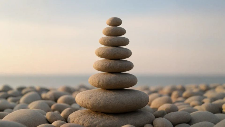 A stack of smooth, rounded stones balanced on one another, set against a softly blurred horizon with warm natural light. The image conveys tranquillity, stability, and emotional grounding.