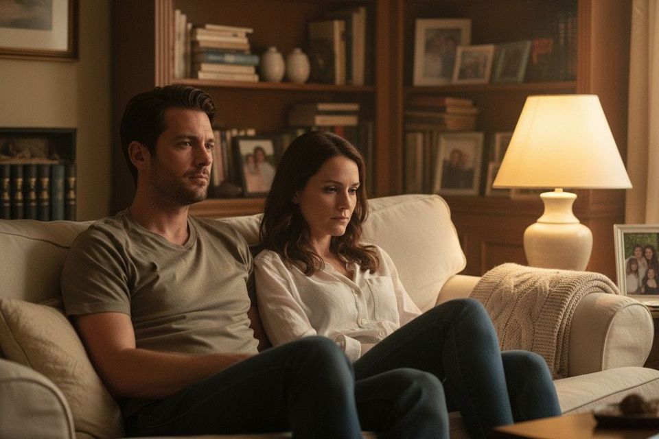A couple sit side by side on a sofa, each lost in their own thoughts, not looking at each other — capturing the quiet distance that can grow between two people who still share the same space.