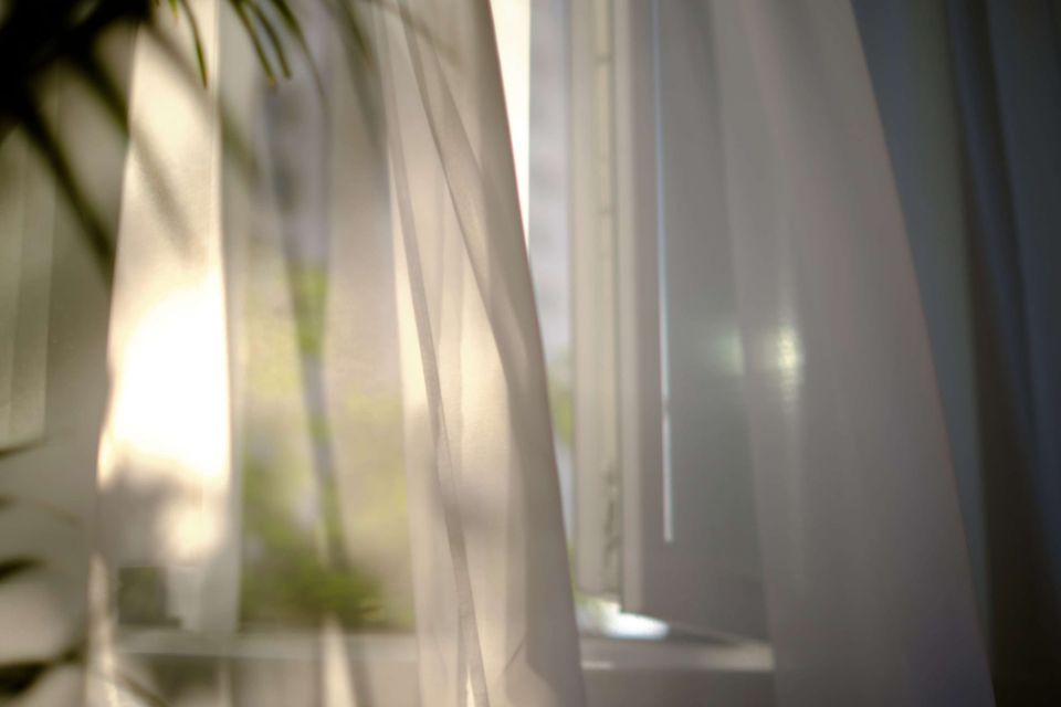 Soft morning light filtering through sheer white curtains, warm and slightly blurred, with the suggestion of green outside the window.