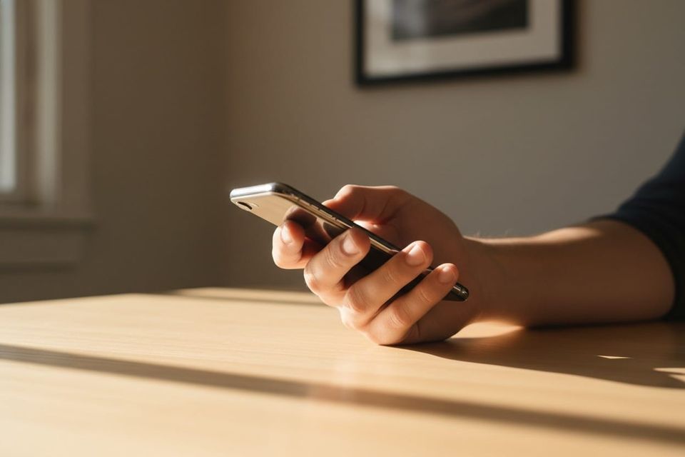 A hand holding a smartphone on a wooden table in warm morning light, caught in a moment of quiet, automatic reaching.