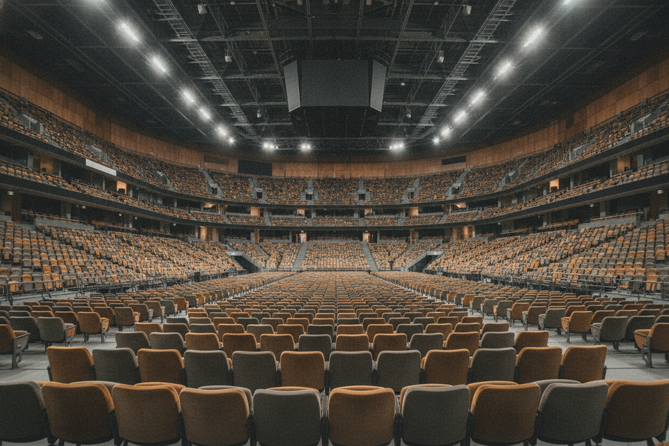 A large empty concert arena with rows of orange seats extending to the upper tiers, all unoccupied, lit by overhead stage lights. Shot from the stage looking out toward the audience.