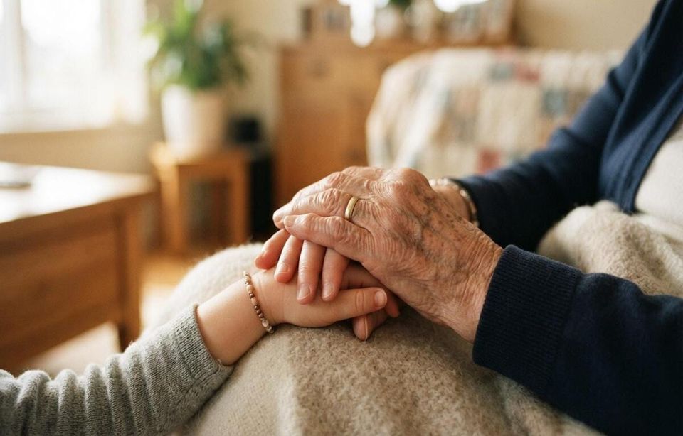 An elderly hand rests gently over a small child's hand in a warmly lit living room.