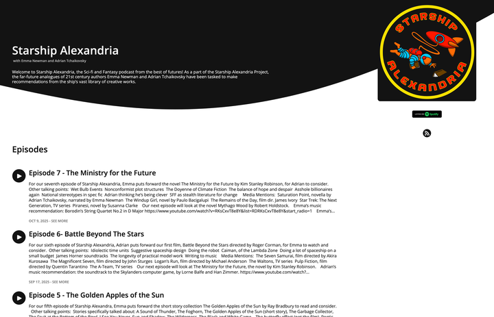 The home page of the Starship Alexandria podcast, showing some of our recent episodes