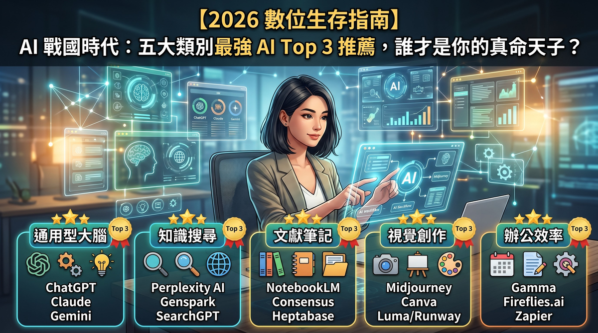 【2026 數位生存指南】AI 戰國時代：五大類別最強 AI Top 3 推薦，誰才是你的真命天子？