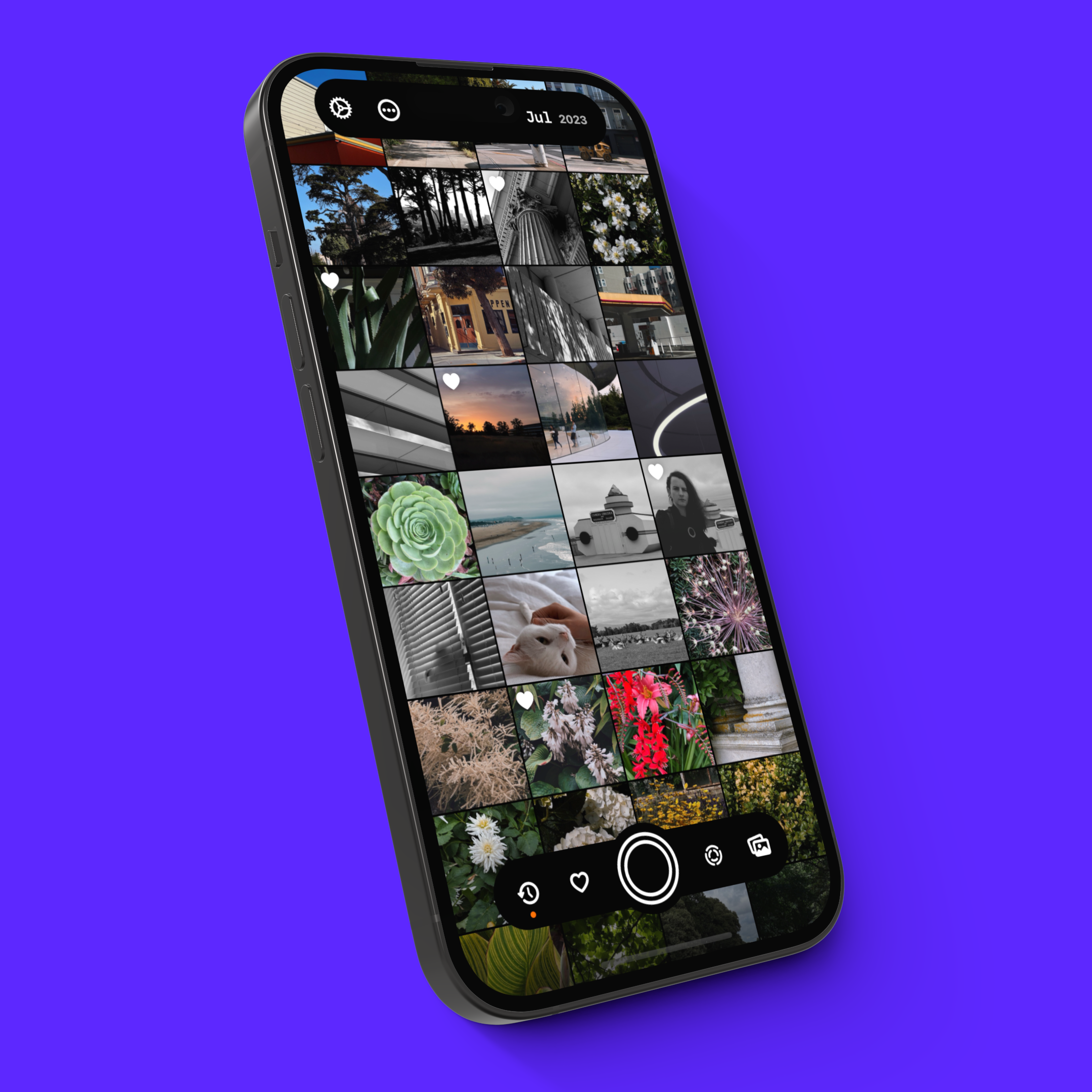 An iPhone 14 Pro showing Obscura’s Library interface over an indigo background.