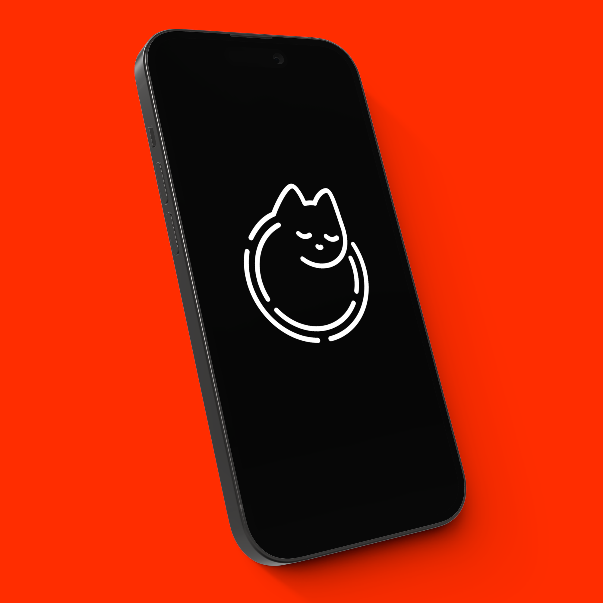 An iPhone 14 Pro showing the cat icon over a red background.