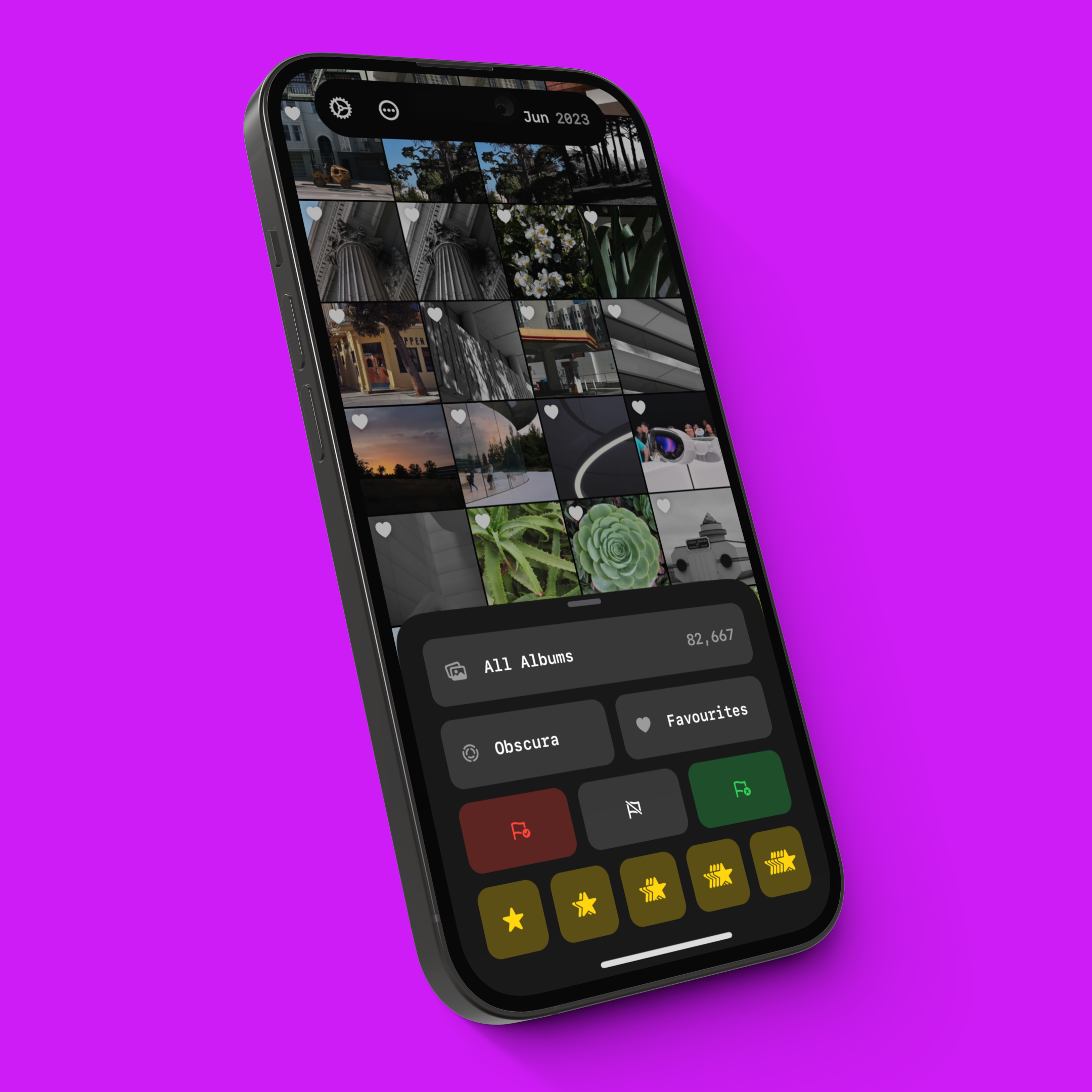 An iPhone 14 Pro showing Obscura’s Album Picker over a purple background.