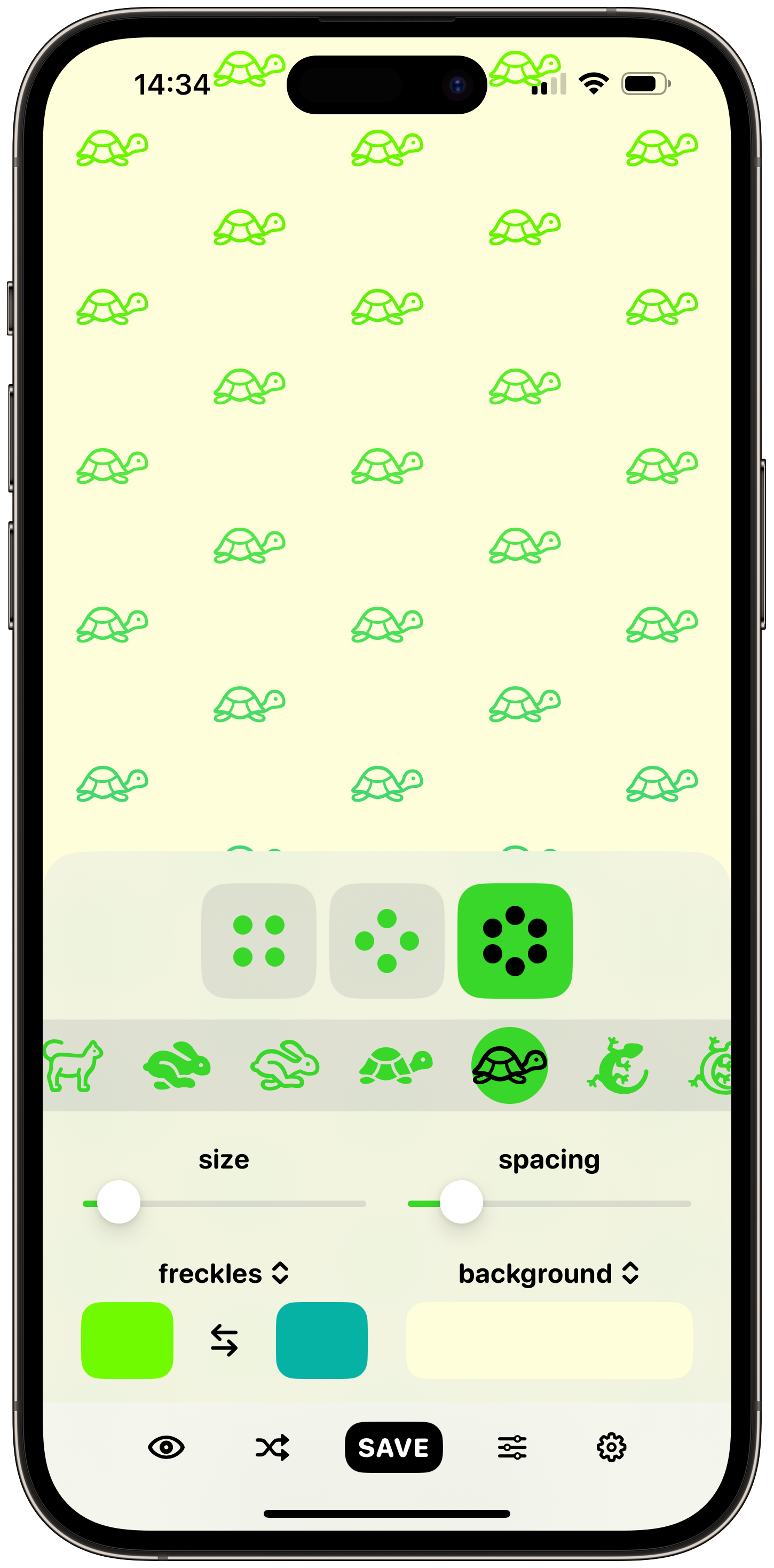 A screenshot of Freckle’s editing controls, showing a green wallpaper with turtles.