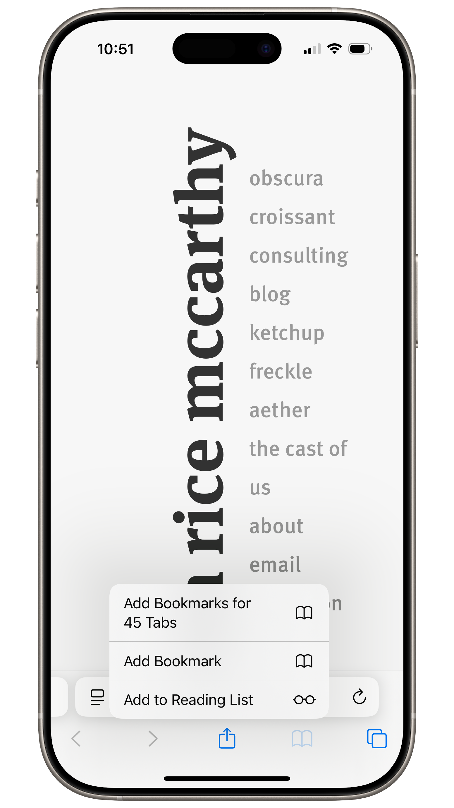 A screenshot of Safari with the context menu for the Bookmarks button visible