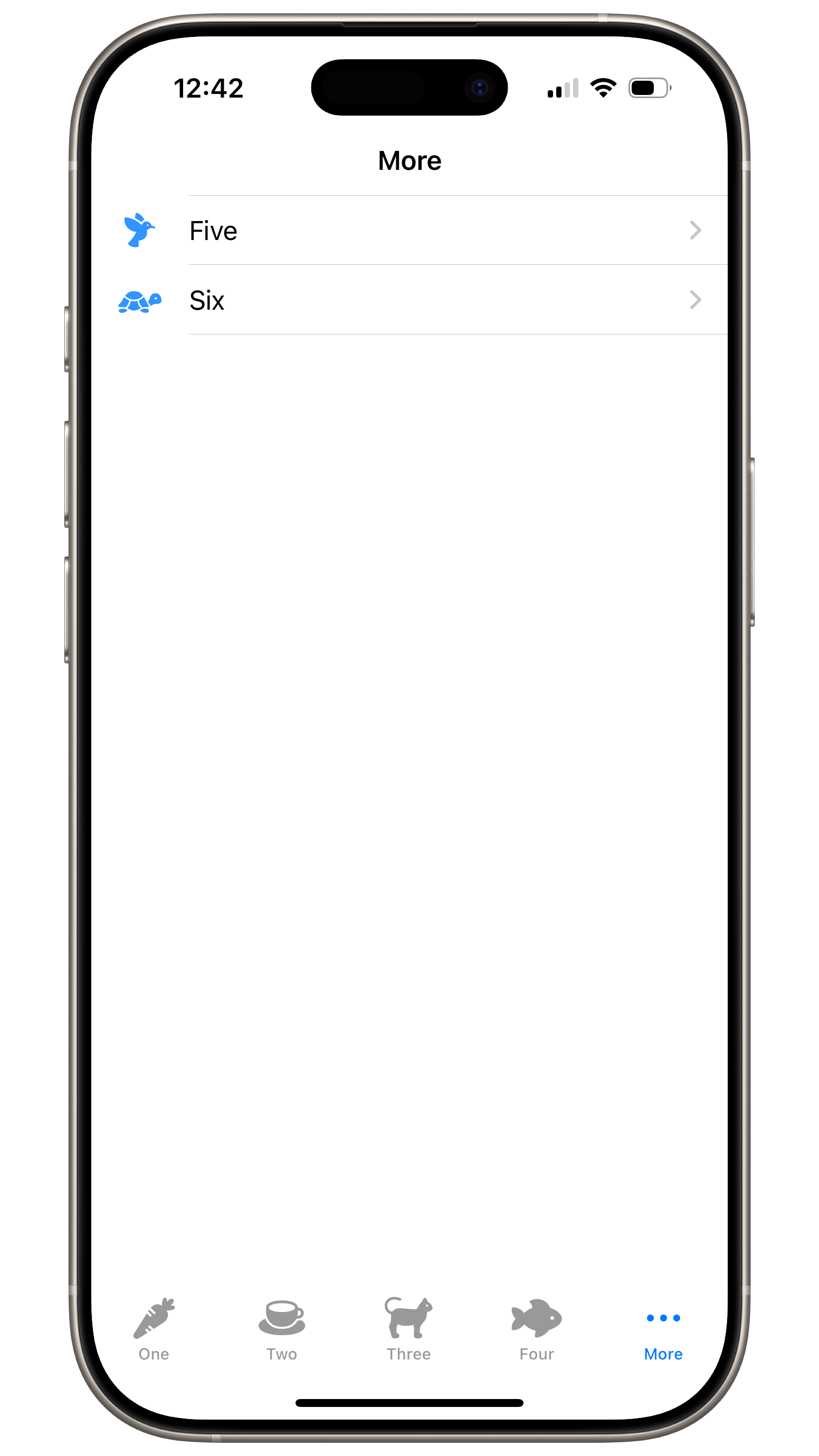 A screenshot of a demo app, showing the Tab View overflow list