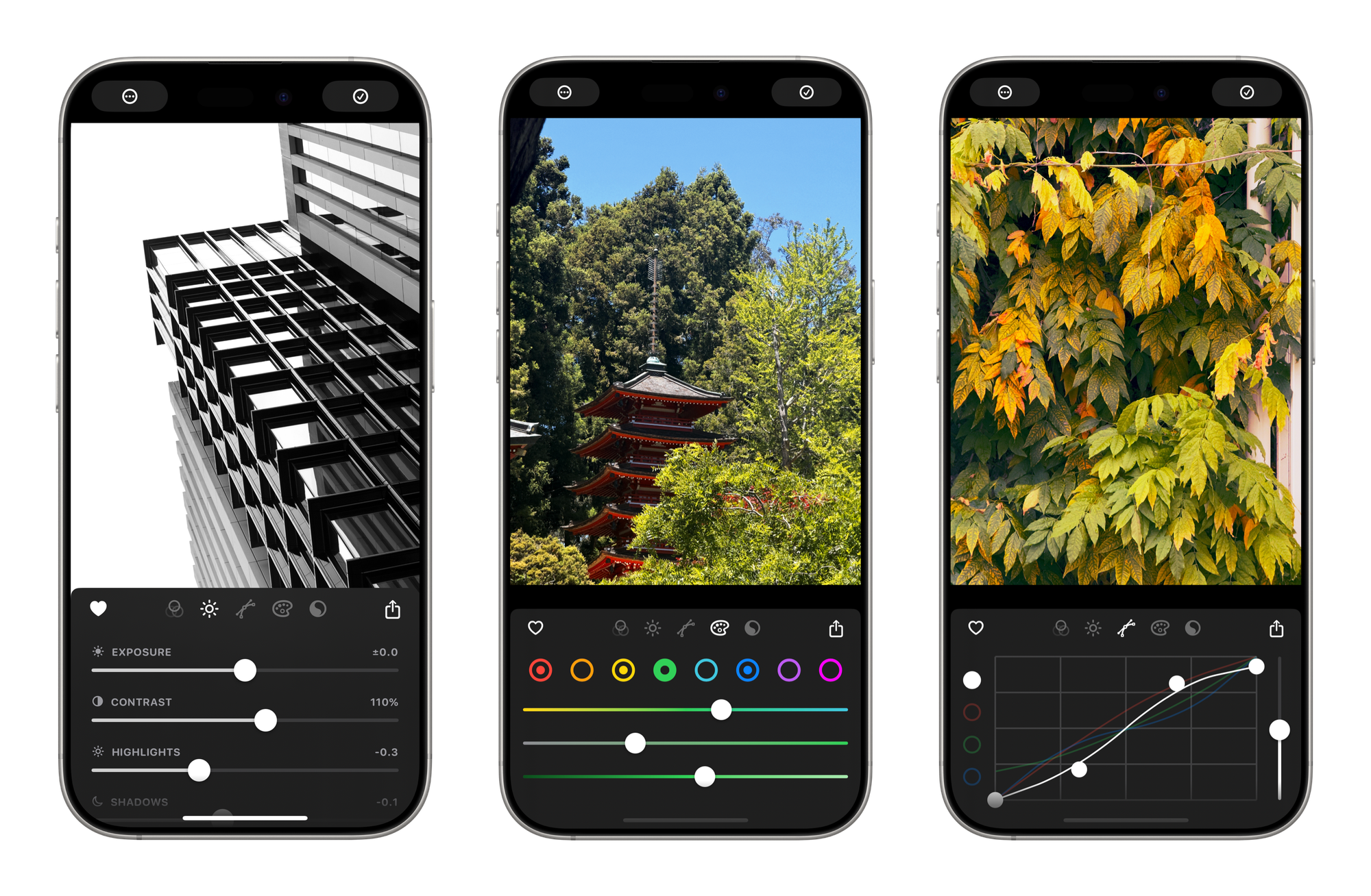 Three screenshots showing off Obscura Studio’s interface.