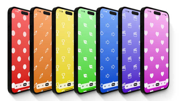 7 screenshots of Freckle’s UI, showing a rainbow of wallpaper colours and different icons for polka-dots.