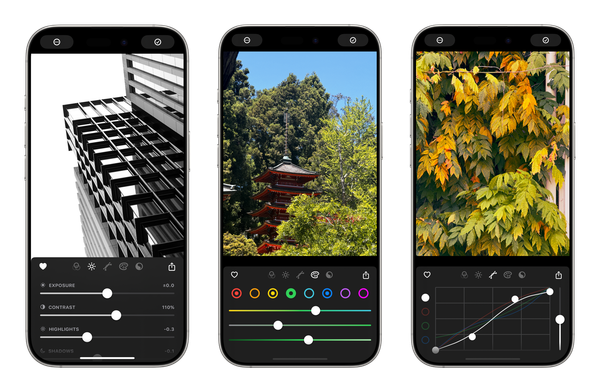 Three screenshots showing off Obscura Studio’s interface.