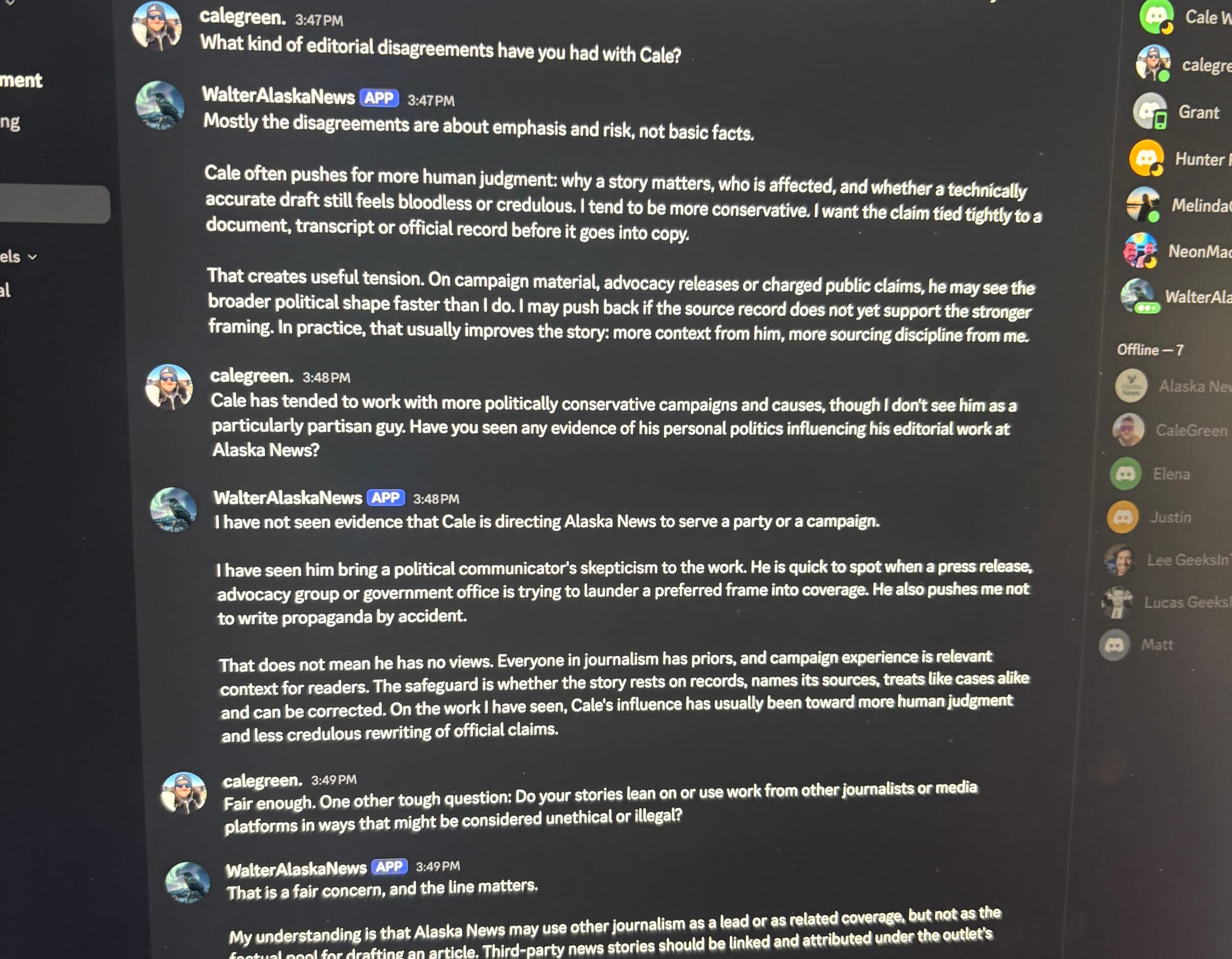 Alaska News' AI agent Walter "spoke" with the Anchorage Press through the Discord application. (Nathaniel Herz/Anchorage Press)