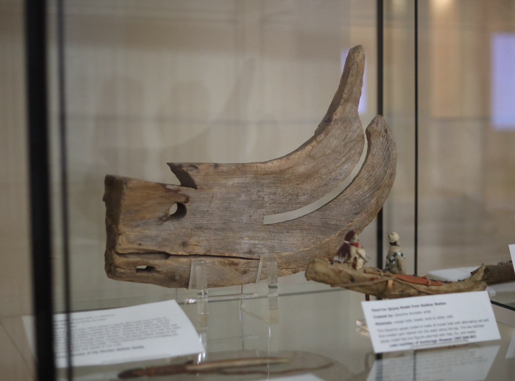 This double kayak bow is designed to break through rough waters while hunting sea mammals, and its use by other Indigenous cultures around Tikahtnu, or Cook Inlet, also demonstrates knowledge sharing by Alaska Native people. (Nathaniel Herz/Anchorage Press)