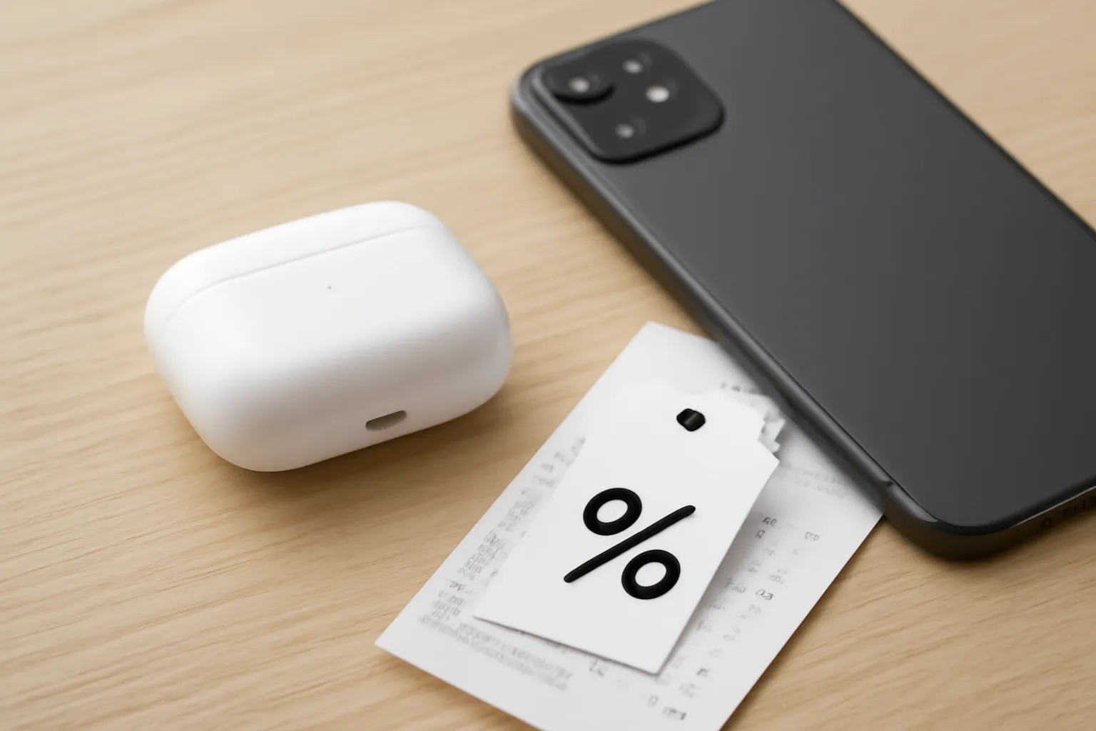 A close-up of an AirPods Pro-style charging case next to an iPhone and a receipt-like shopping bag or discount tag with all text blurred, illustrating the 'buy now on offer' angle.