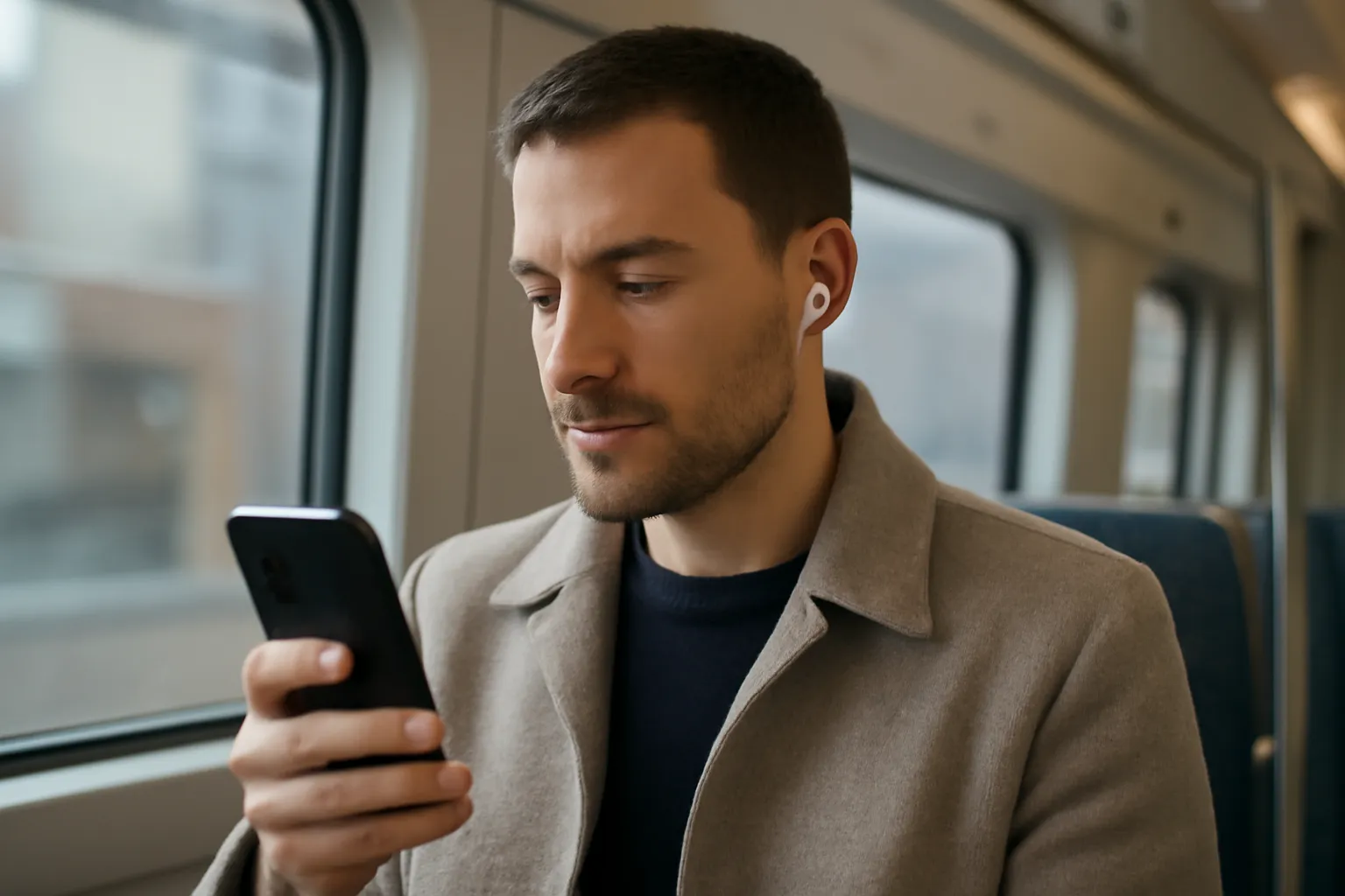 An Apple user commuting on a train with earbuds in, iPhone in hand, and a subtle focus on noise cancellation and everyday use, showing why buying now can still make sense.