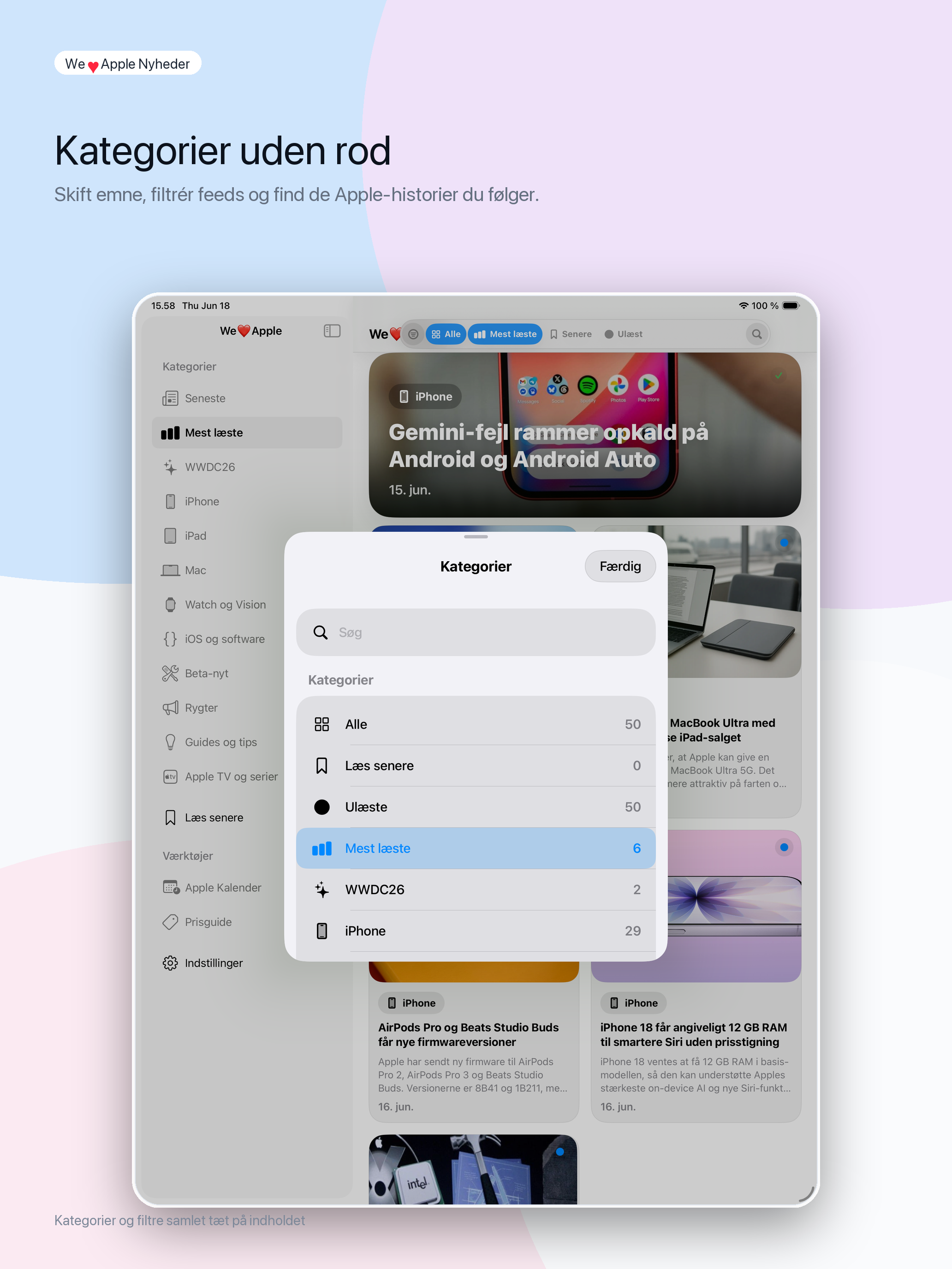 Kategorier i sidebar på iPad