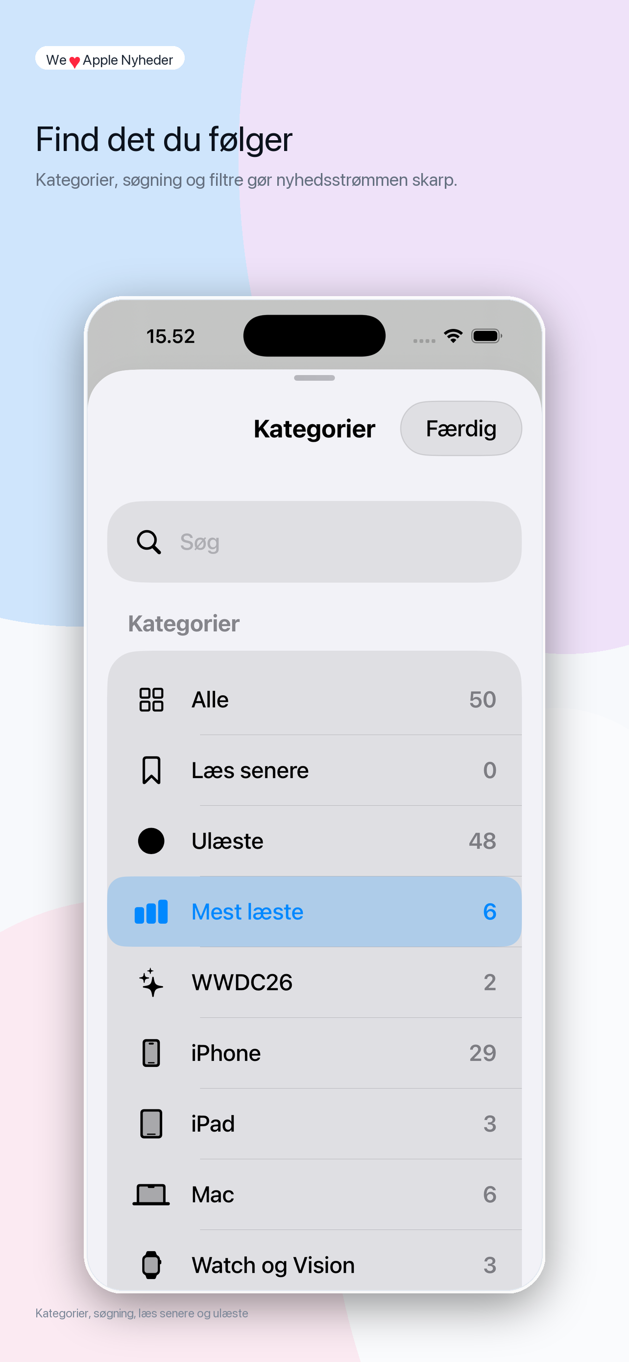 Kategorier og søgning på iPhone