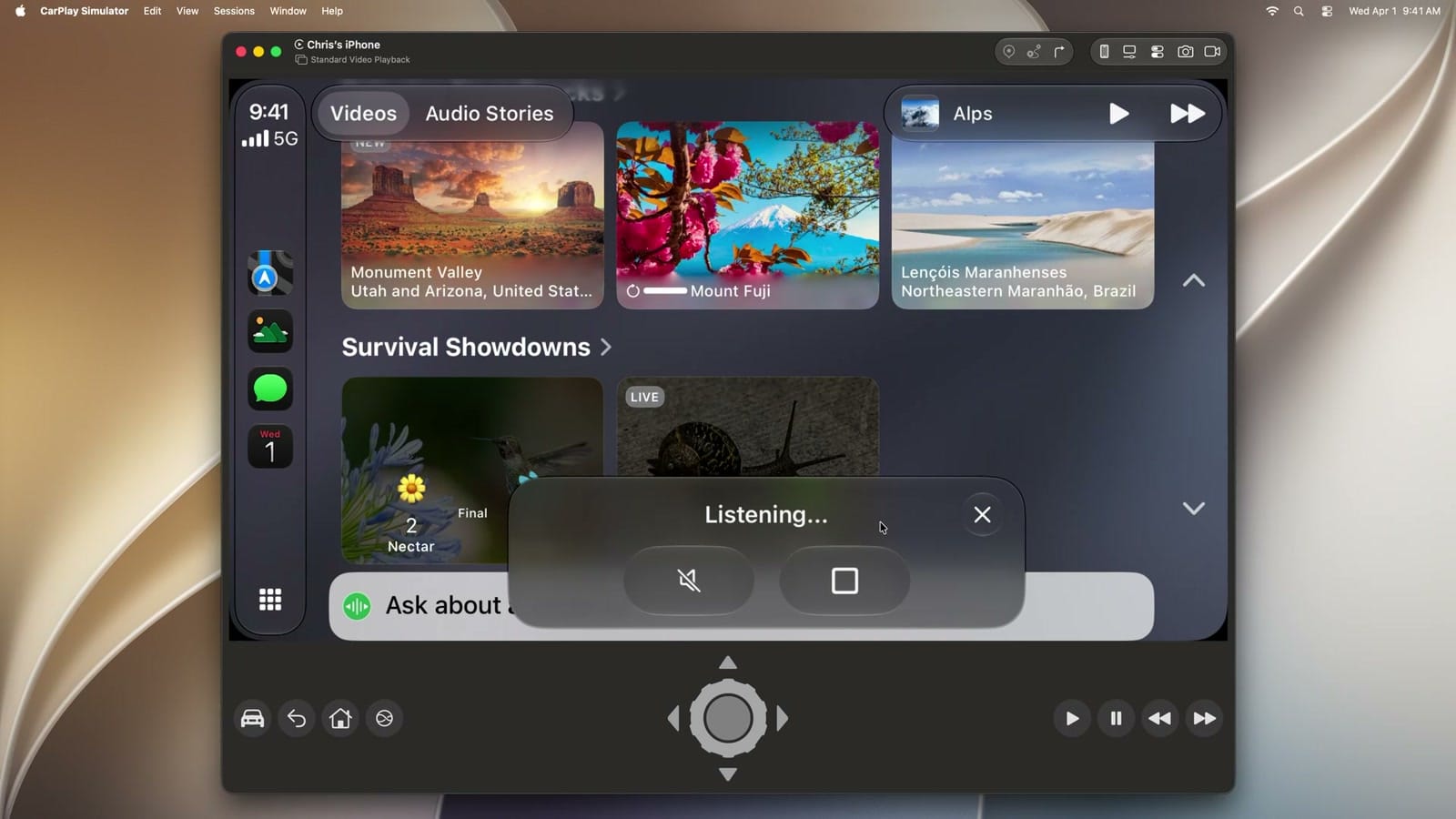 CarPlay-stemmestyring vist som et overlay oven på en videooversigt