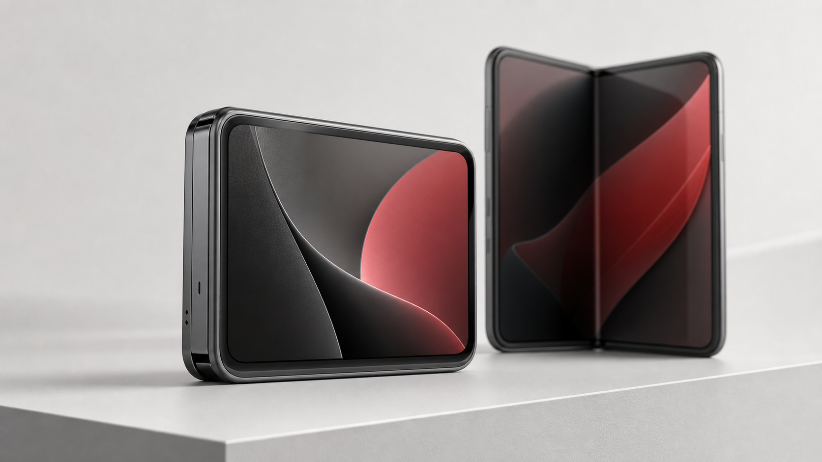 AI-genereret konceptillustration af en mulig kort og bred foldbar iPhone Ultra i lukket og åben form