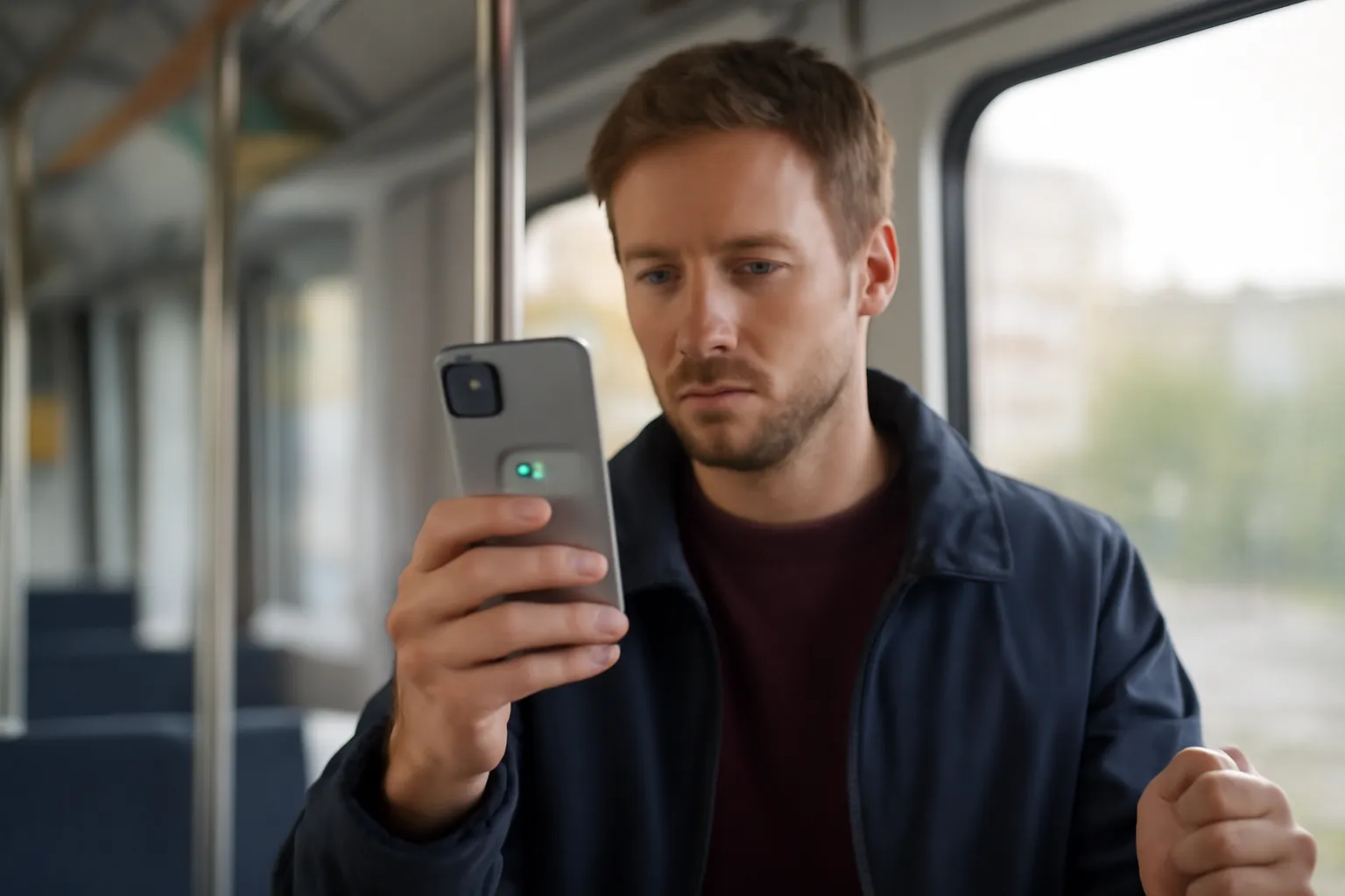A commuter on a train in Copenhagen holding an iPhone while checking battery level and taking a quick photo, emphasizing all-day battery and fast camera access.