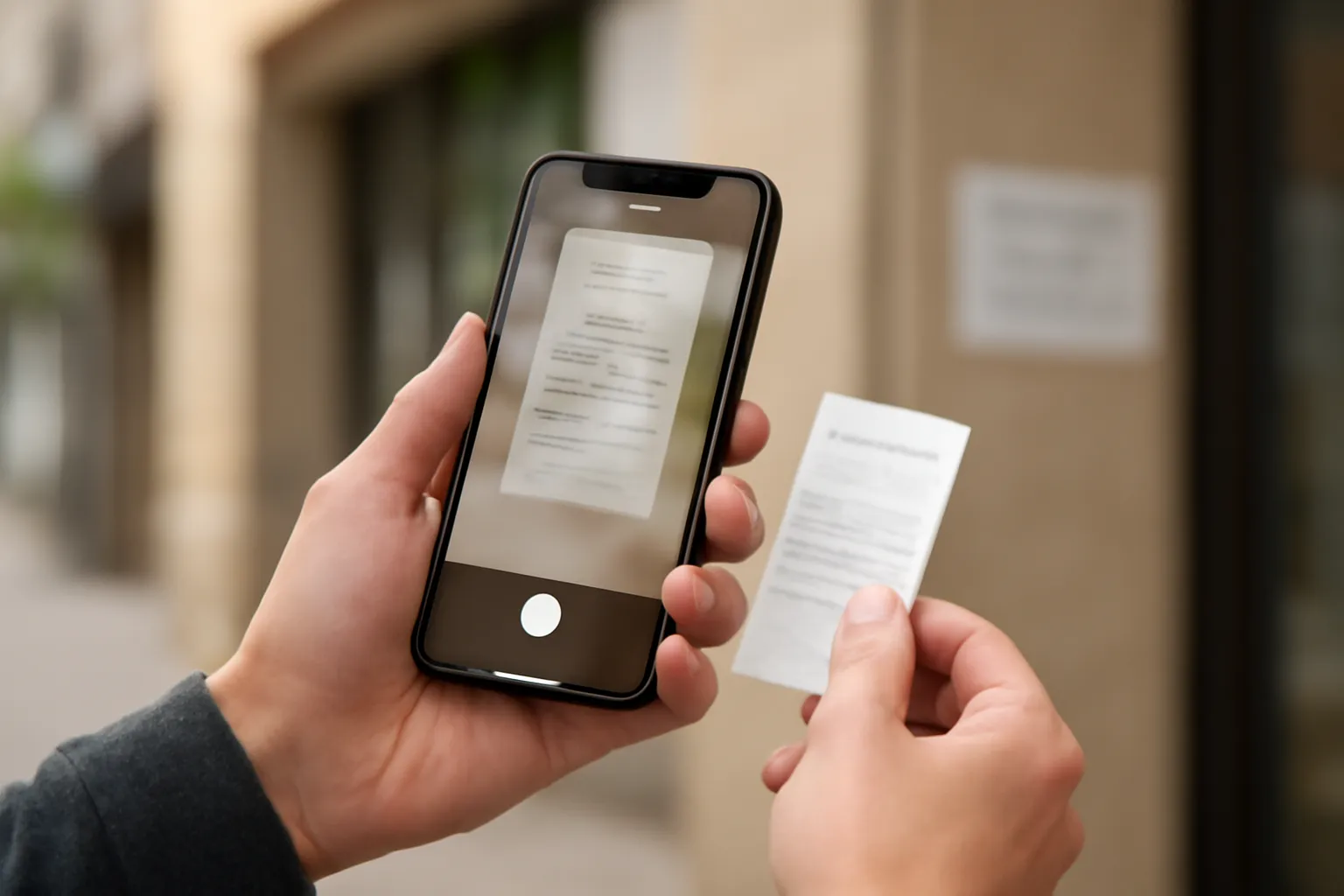 A close-up of hands using an iPhone to scan a receipt or translate a sign in a real-world setting, suggesting workflow and Visual Intelligence without showing text on screen.