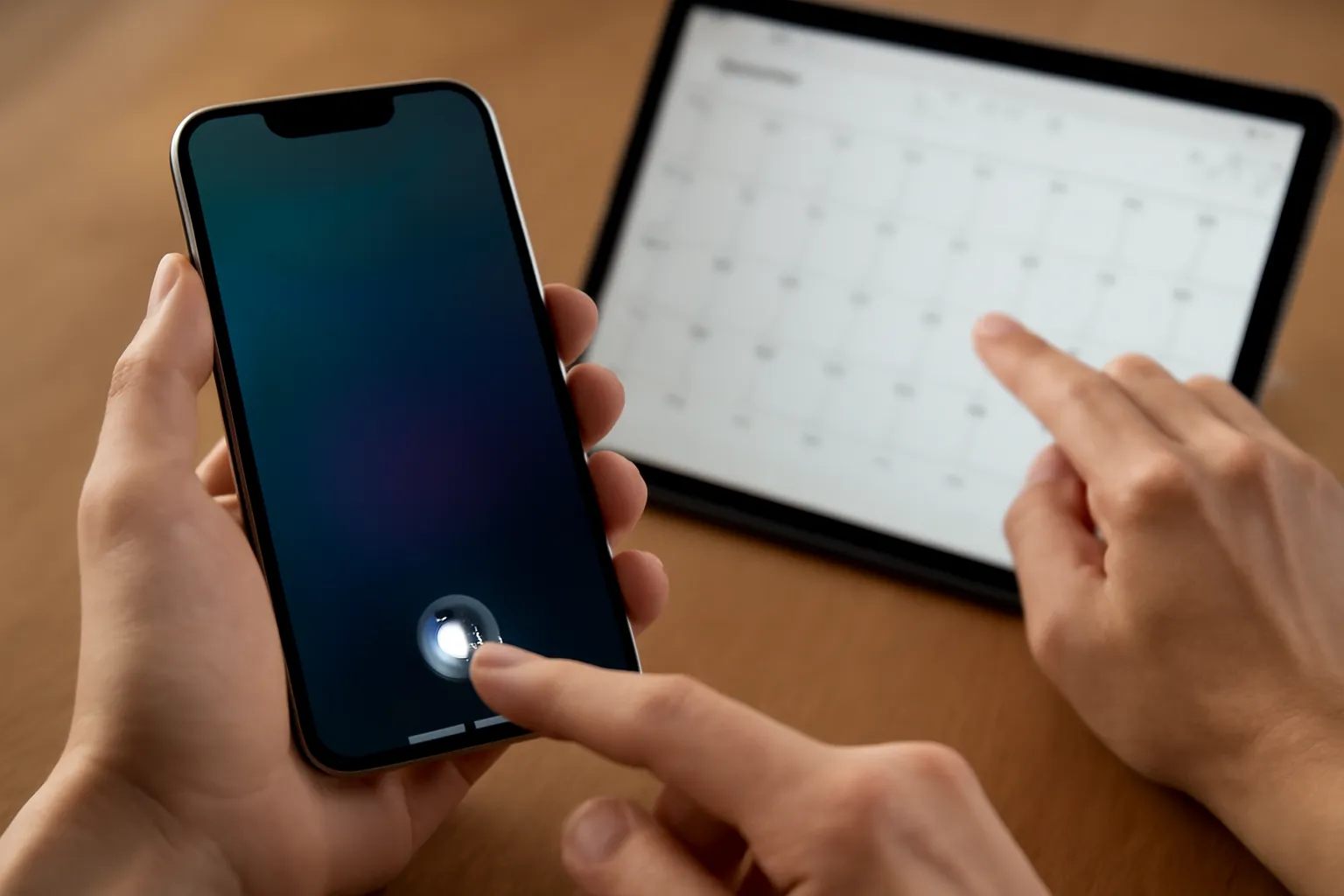 A close-up of hands using an iPhone while a second hand taps a reminder or calendar on a nearby tablet/laptop, showing cross-device workflow without readable text.
