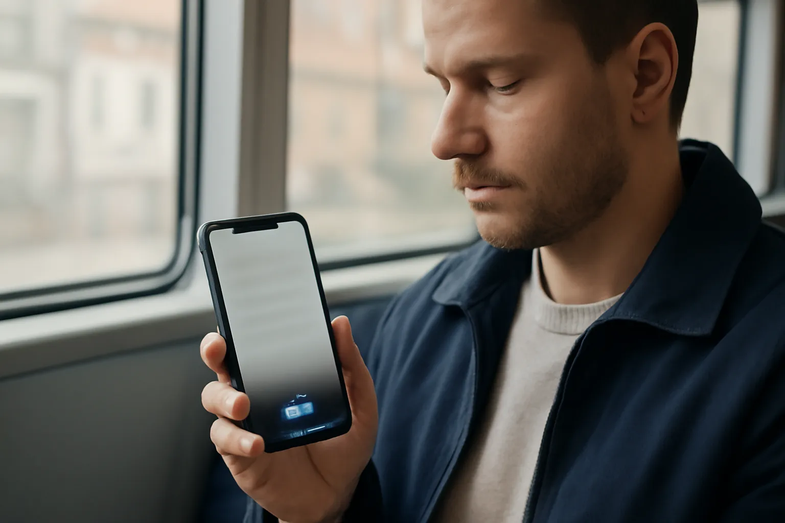 A Danish commuter on public transport using Siri with one hand, with subtle visual hints of message drafting and app actions on the phone screen, keeping the interface generic and unreadable.